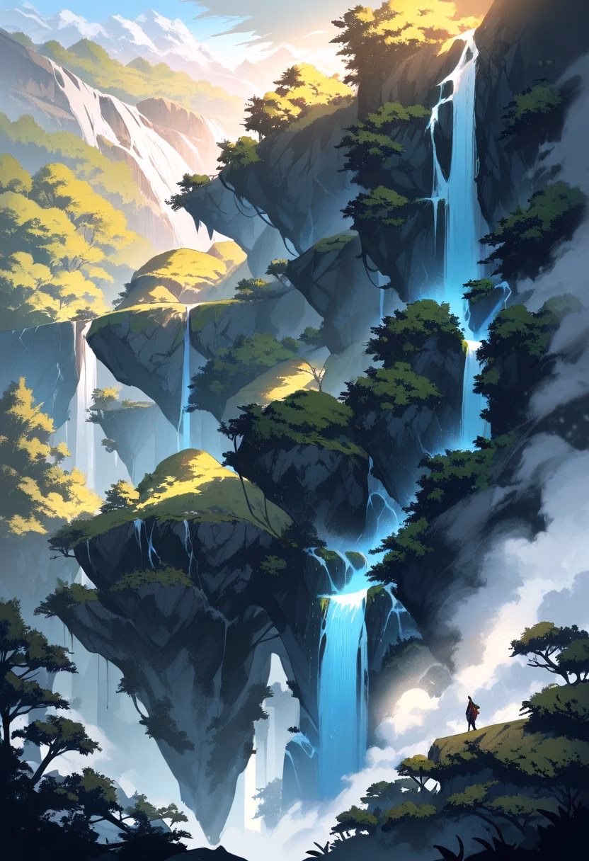 Waterfall Gorge At Sunset — view 1 — thundering waterfall gorge, cascading through a moss-covered ravine, faint rainbow forming in rising mist, golden hour l
