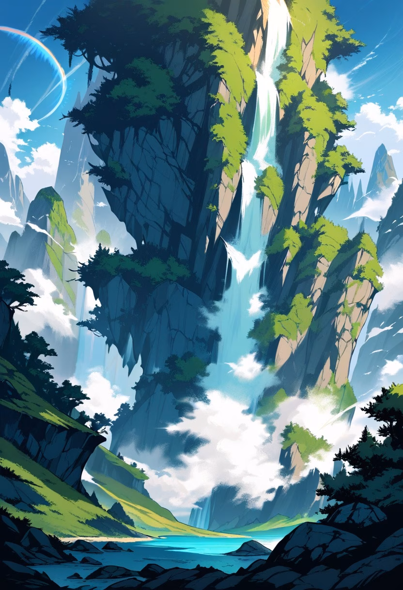 Waterfall Gorge At Sunset — view 2 — thundering waterfall gorge, cascading through a moss-covered ravine, faint rainbow forming in rising mist, golden hour l