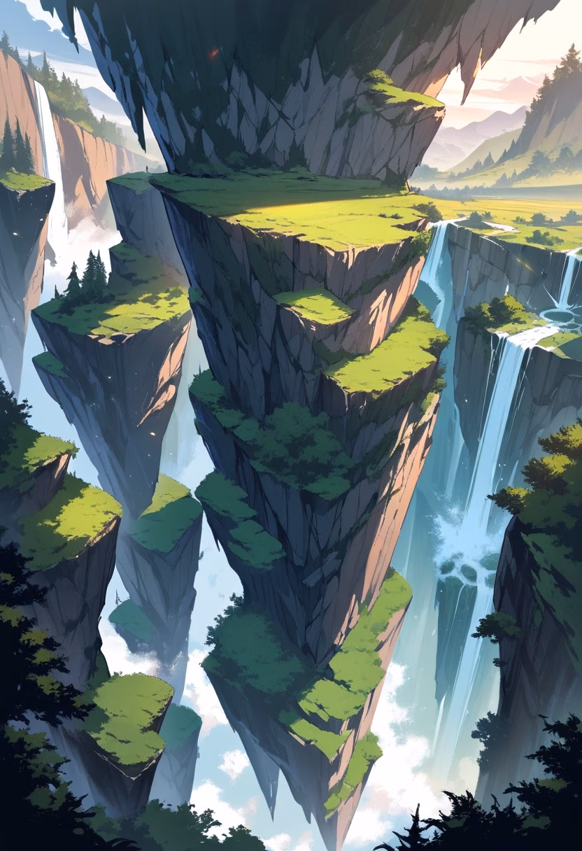 Waterfall Gorge At Sunset — view 3 — thundering waterfall gorge, cascading through a moss-covered ravine, faint rainbow forming in rising mist, golden hour l