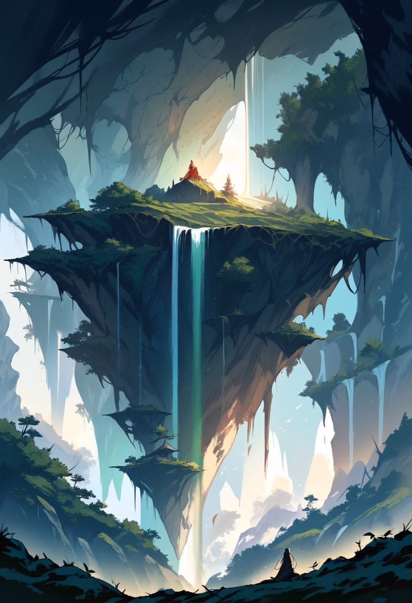 Waterfall Gorge At Sunset — view 4 — thundering waterfall gorge, cascading through a moss-covered ravine, faint rainbow forming in rising mist, golden hour l