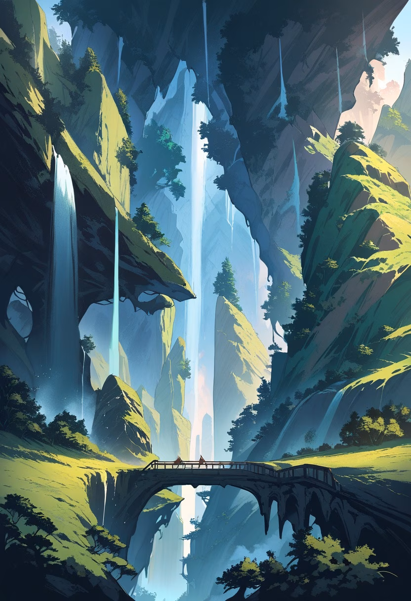 Waterfall Gorge At Sunset — view 5 — thundering waterfall gorge, cascading through a moss-covered ravine, faint rainbow forming in rising mist, golden hour l