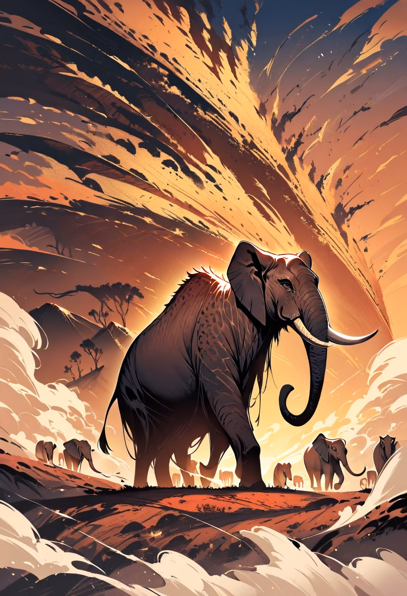 Savanna Elephant Herd — view 1 — elephant herd, crossing savanna, dust clouds, golden sunset, africa, family group, wildlife, detailed skin texture, mast