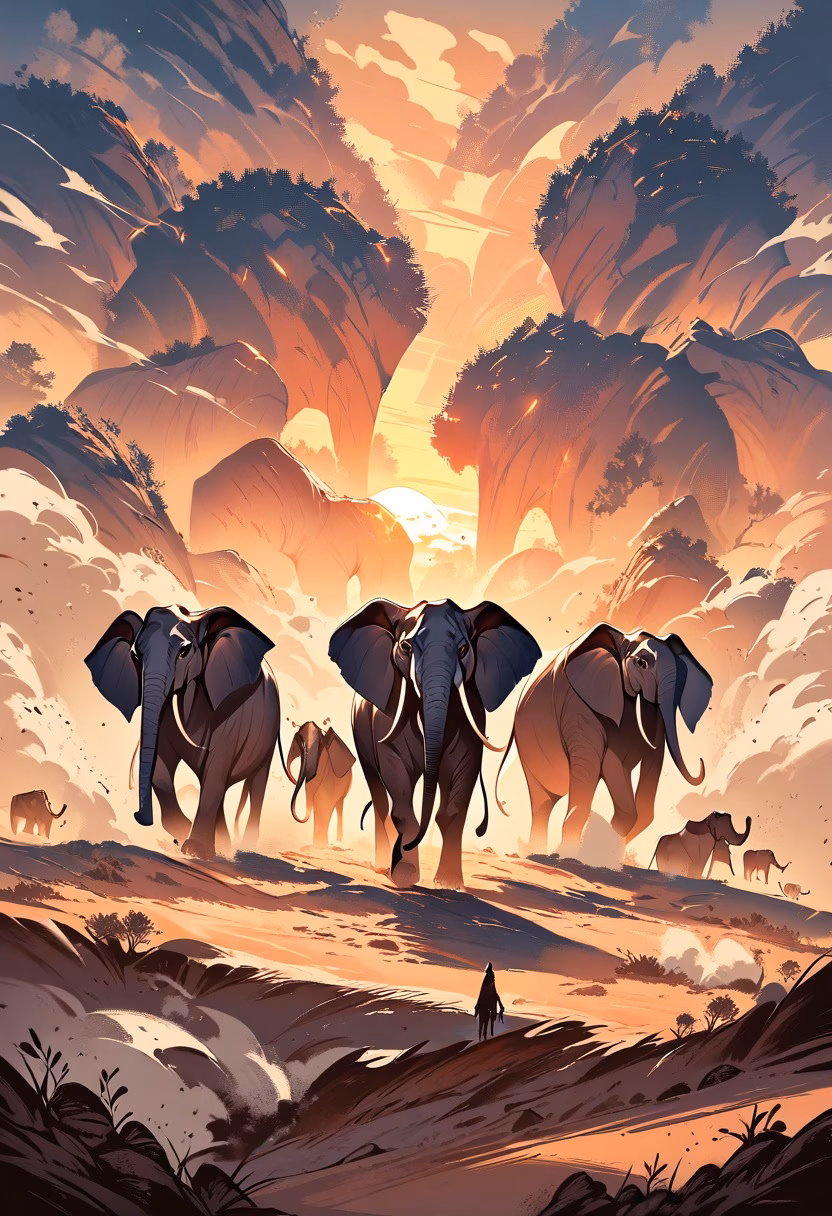 Savanna Elephant Herd — view 2 — elephant herd, crossing savanna, dust clouds, golden sunset, africa, family group, wildlife, detailed skin texture, mast