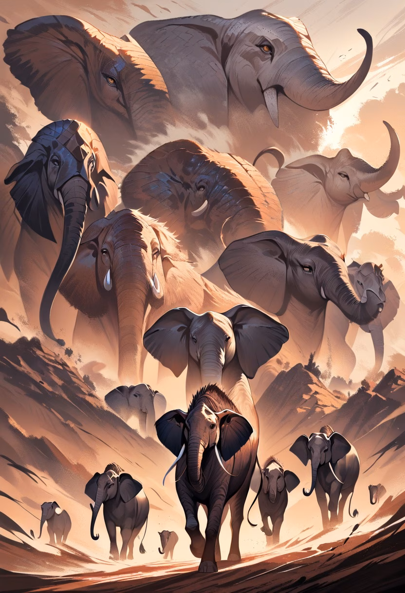 Savanna Elephant Herd — view 4 — elephant herd, crossing savanna, dust clouds, golden sunset, africa, family group, wildlife, detailed skin texture, mast