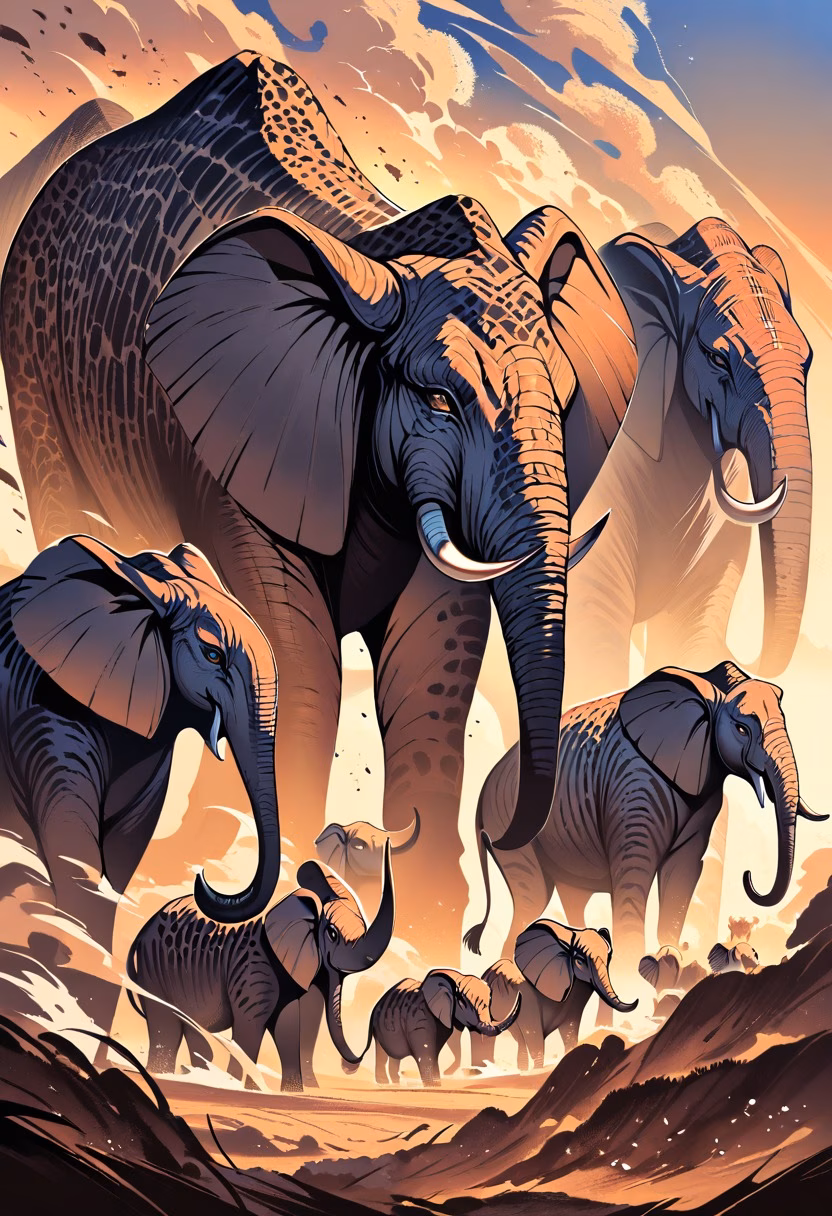 Savanna Elephant Herd — view 5 — elephant herd, crossing savanna, dust clouds, golden sunset, africa, family group, wildlife, detailed skin texture, mast