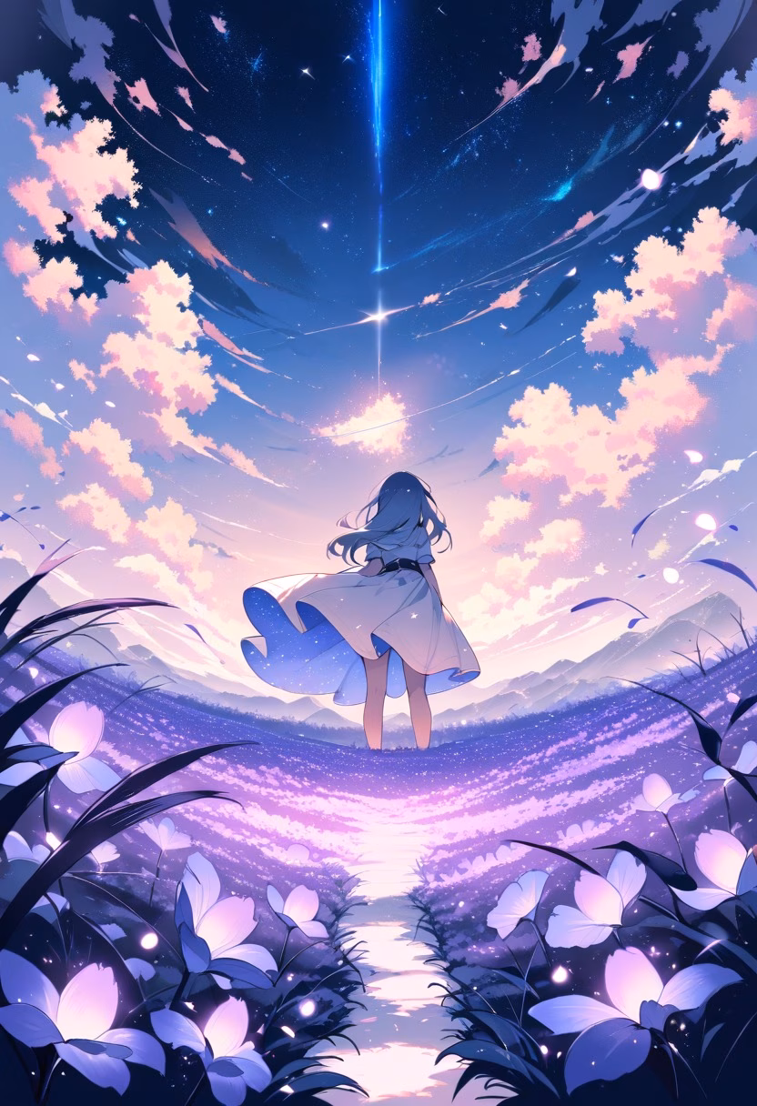 Lavender Field At Night — view 1 — endless lavender field, stretching beneath a star-filled summer sky, faint fireflies glowing above the rows, soft night 