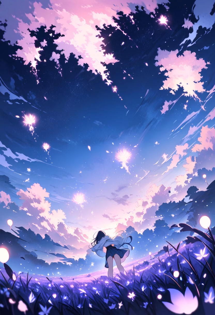 Lavender Field At Night — view 2 — endless lavender field, stretching beneath a star-filled summer sky, faint fireflies glowing above the rows, soft night 