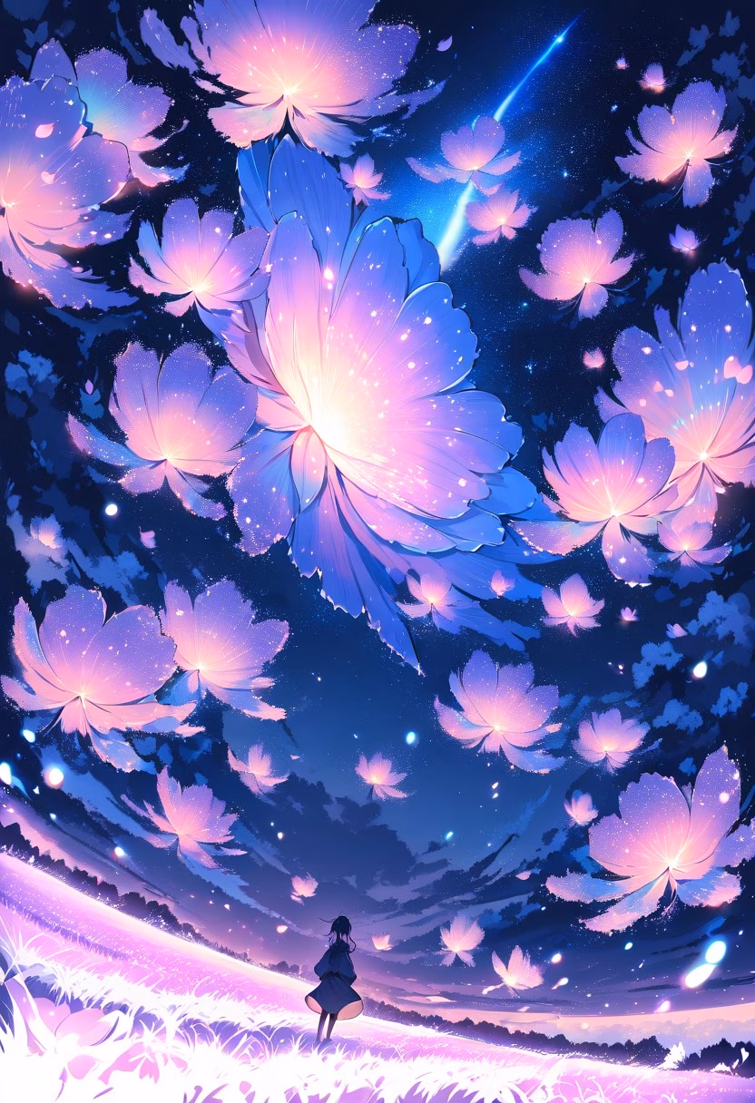 Lavender Field At Night — view 3 — endless lavender field, stretching beneath a star-filled summer sky, faint fireflies glowing above the rows, soft night 