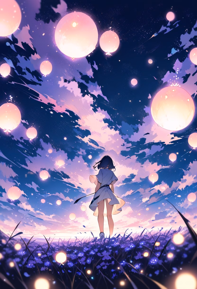 Lavender Field At Night — view 4 — endless lavender field, stretching beneath a star-filled summer sky, faint fireflies glowing above the rows, soft night 