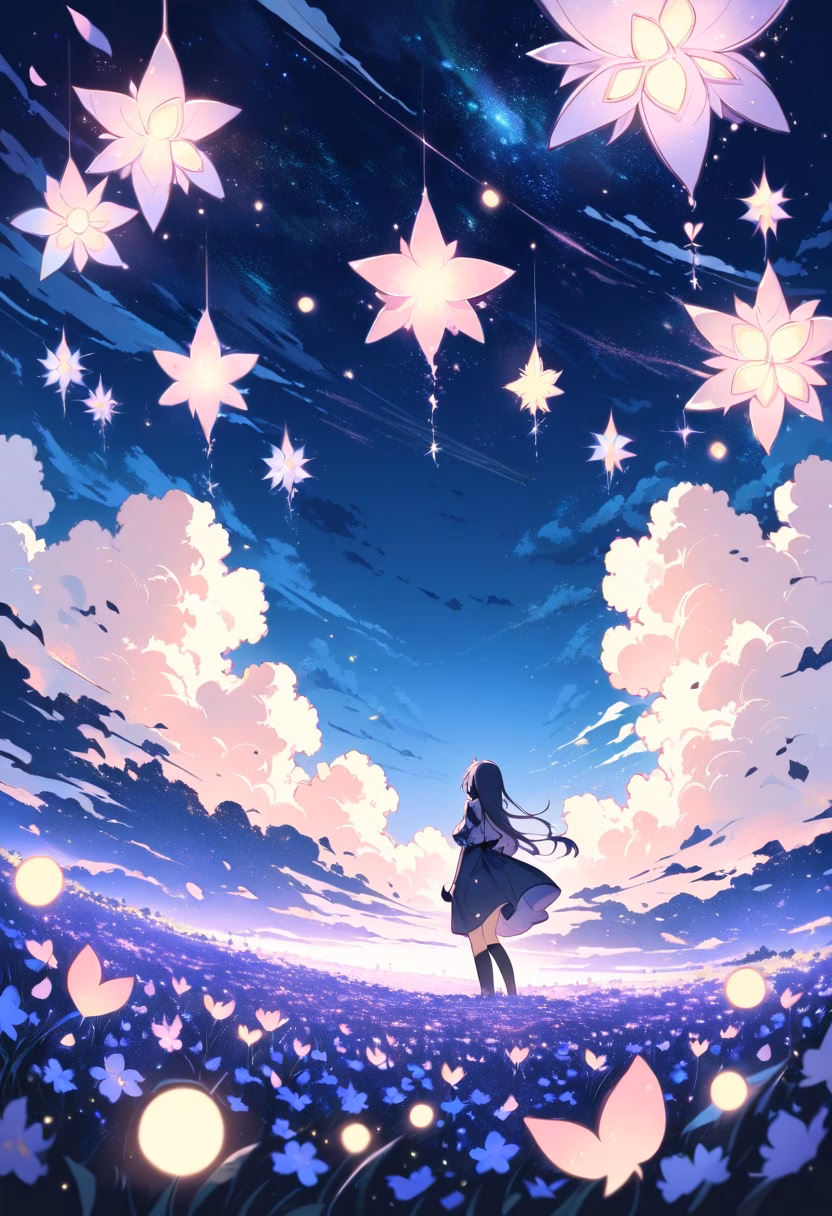 Lavender Field At Night — view 5 — endless lavender field, stretching beneath a star-filled summer sky, faint fireflies glowing above the rows, soft night 