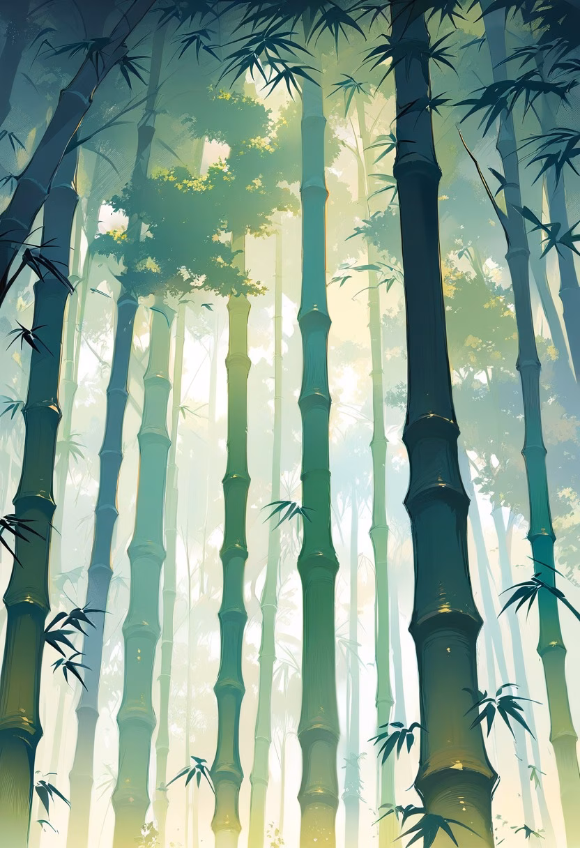 Bamboo Forest At Dawn — view 1 — dense bamboo forest, swaying gently under a soft morning breeze, faint mist curling between tall stalks, gentle dawn lig
