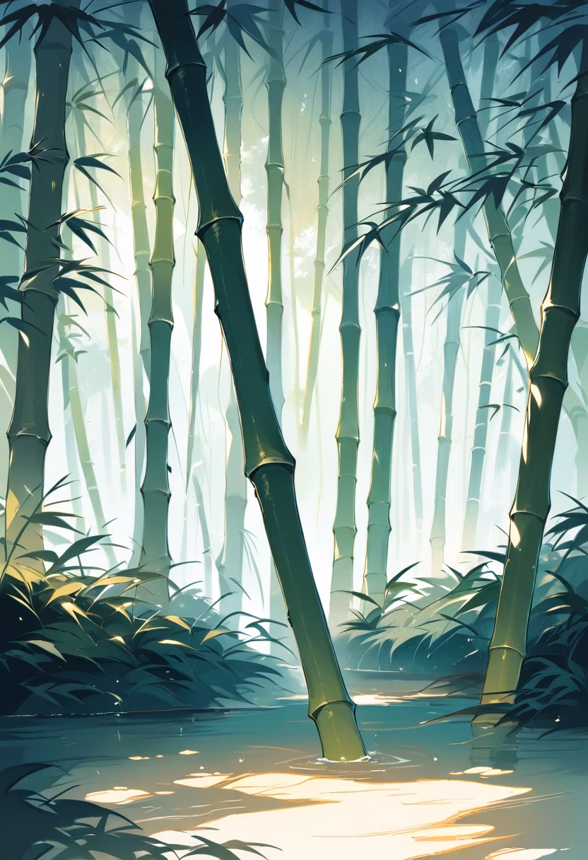 Bamboo Forest At Dawn — view 2 — dense bamboo forest, swaying gently under a soft morning breeze, faint mist curling between tall stalks, gentle dawn lig