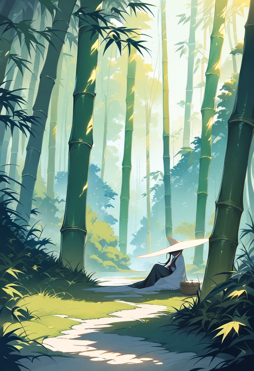 Bamboo Forest At Dawn — view 3 — dense bamboo forest, swaying gently under a soft morning breeze, faint mist curling between tall stalks, gentle dawn lig