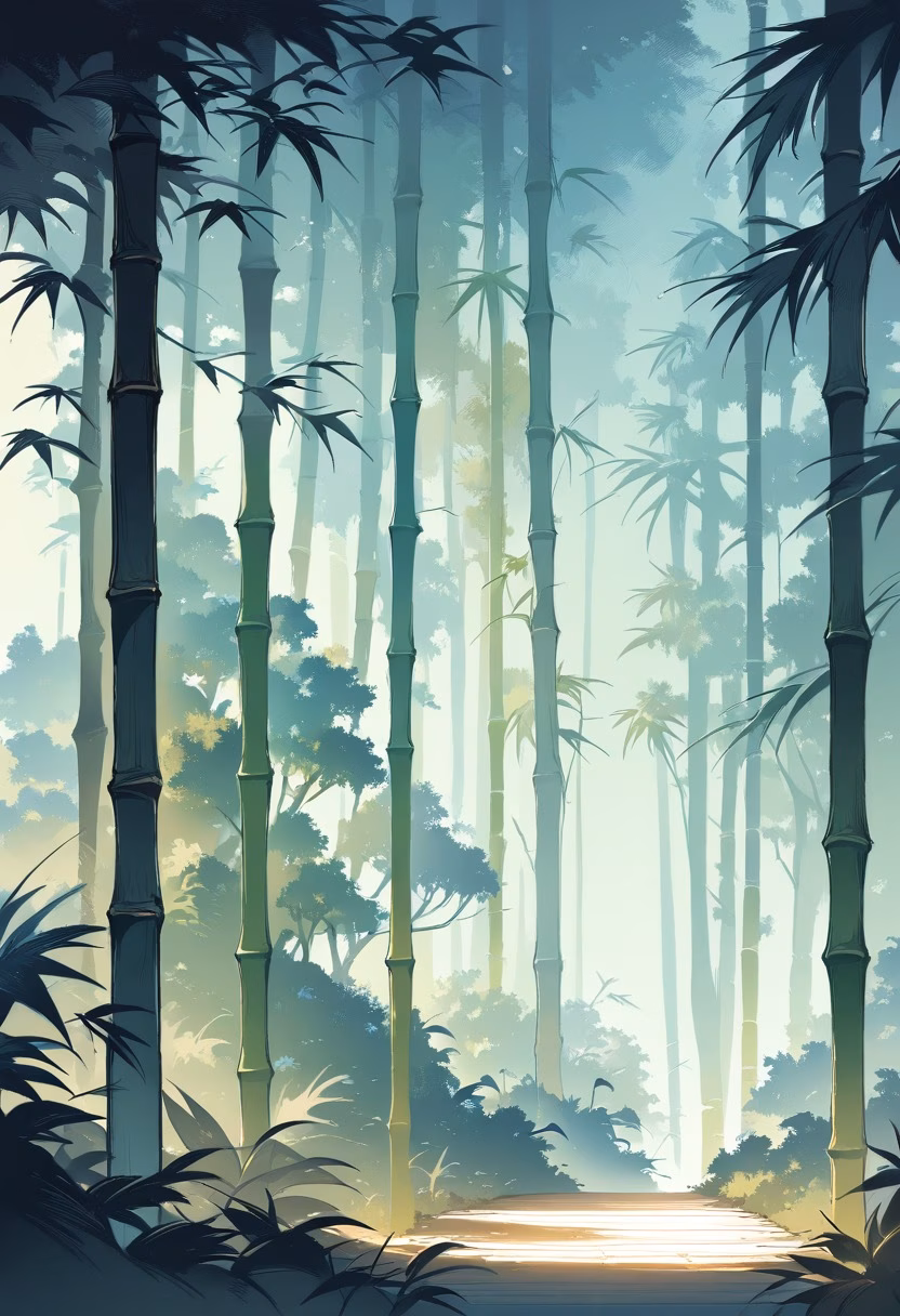 Bamboo Forest At Dawn — view 4 — dense bamboo forest, swaying gently under a soft morning breeze, faint mist curling between tall stalks, gentle dawn lig