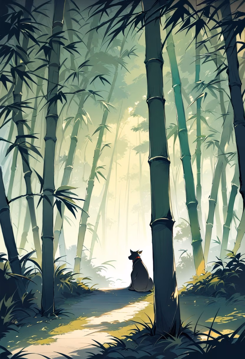 Bamboo Forest At Dawn — view 5 — dense bamboo forest, swaying gently under a soft morning breeze, faint mist curling between tall stalks, gentle dawn lig