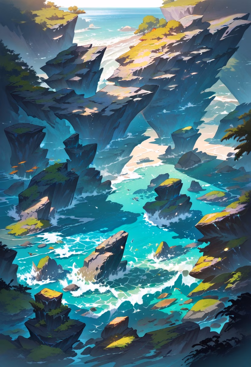 Tide Pools By Day — view 1 — rocky tide pool coast, dotted with colorful sea anemones, faint waves crashing against distant rocks, bright daylight, c