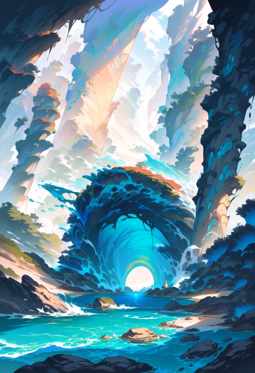 Tide Pools By Day — view 2 — rocky tide pool coast, dotted with colorful sea anemones, faint waves crashing against distant rocks, bright daylight, c