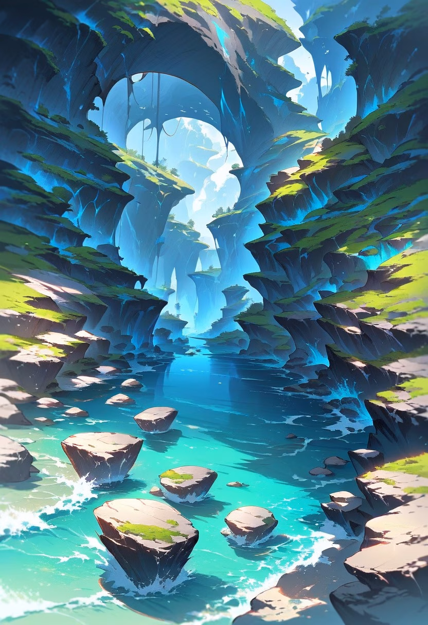 Tide Pools By Day — view 4 — rocky tide pool coast, dotted with colorful sea anemones, faint waves crashing against distant rocks, bright daylight, c