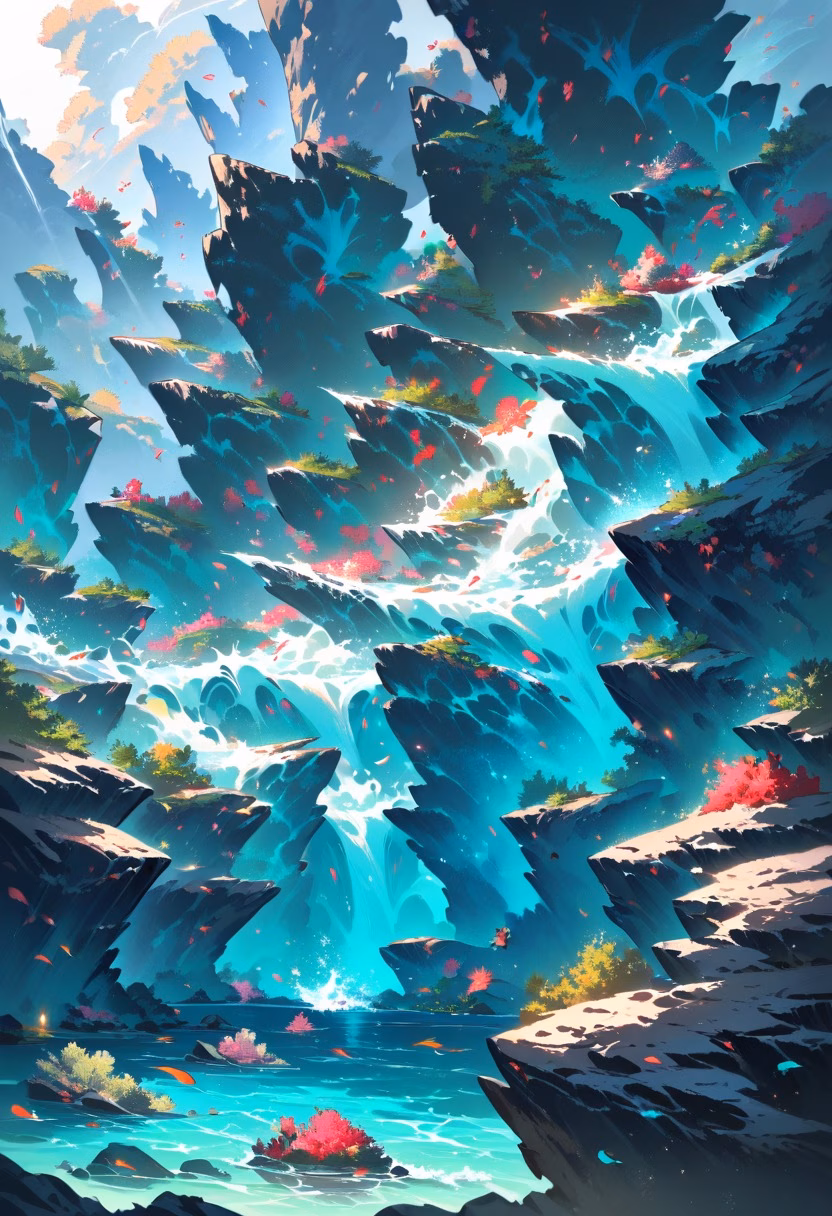 Tide Pools By Day — view 5 — rocky tide pool coast, dotted with colorful sea anemones, faint waves crashing against distant rocks, bright daylight, c