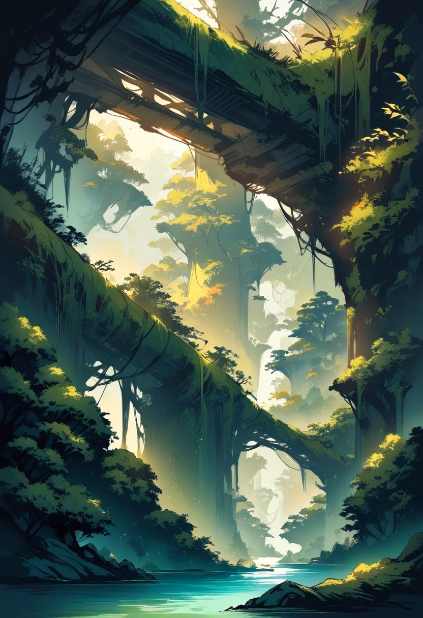 Mossy Ravine At Sunset — view 2 — lush moss-covered ravine, carved by a gentle trickling stream, faint golden sunlight filtering through overhead branches