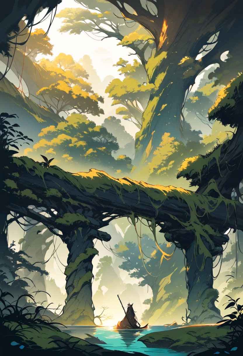 Mossy Ravine At Sunset — view 3 — lush moss-covered ravine, carved by a gentle trickling stream, faint golden sunlight filtering through overhead branches