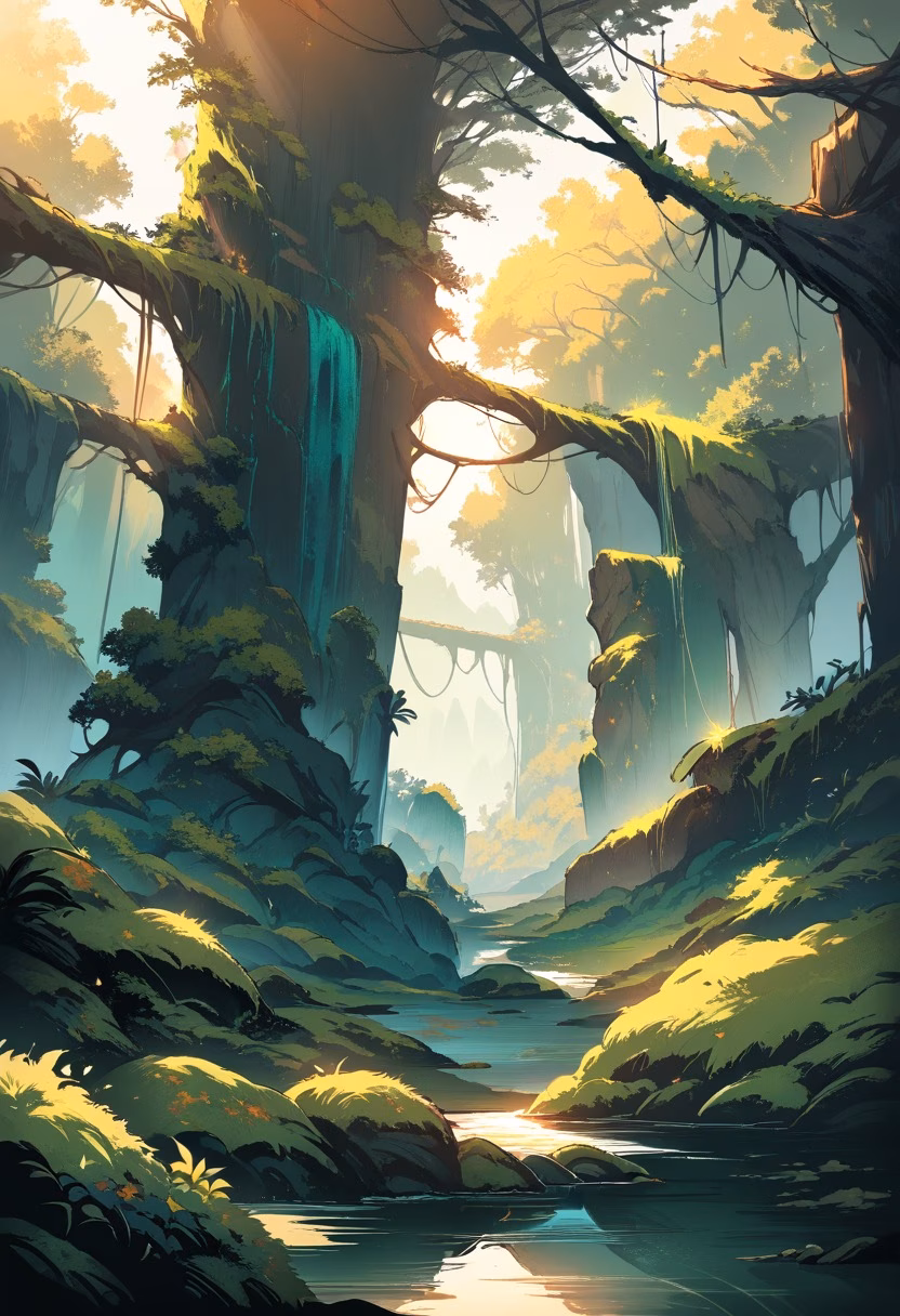 Mossy Ravine At Sunset — view 4 — lush moss-covered ravine, carved by a gentle trickling stream, faint golden sunlight filtering through overhead branches