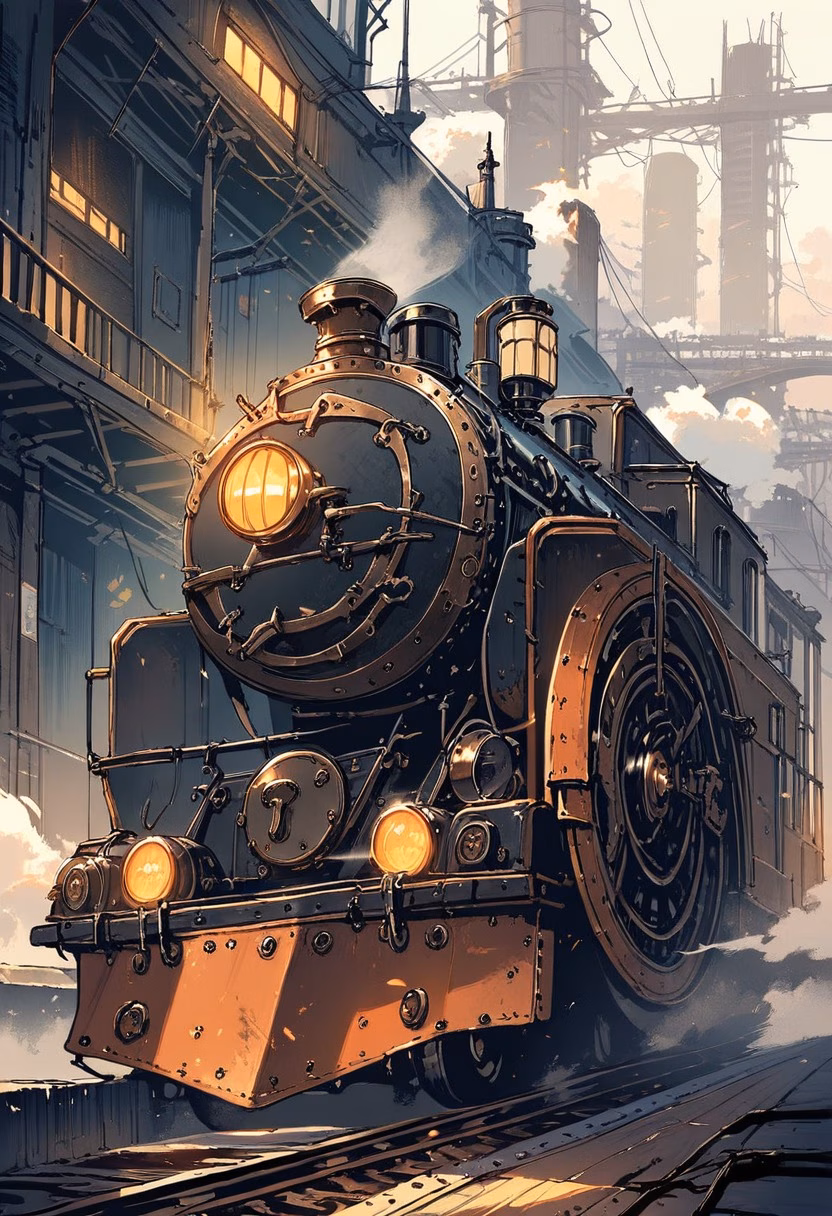 Steam Locomotive At Dusk — view 1 — restored vintage steam locomotive, resting on old rusted rails, faint plumes of steam drifting into evening air, dusky o