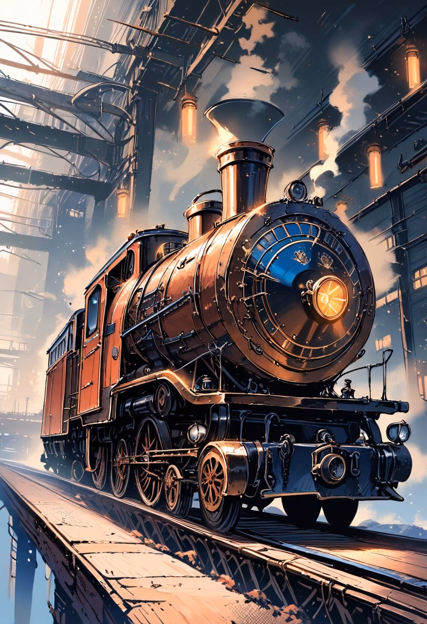 Steam Locomotive At Dusk — view 2 — restored vintage steam locomotive, resting on old rusted rails, faint plumes of steam drifting into evening air, dusky o