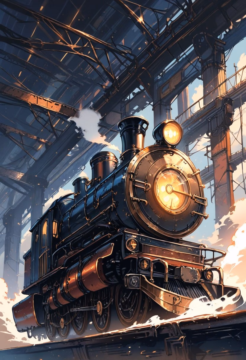 Steam Locomotive At Dusk — view 3 — restored vintage steam locomotive, resting on old rusted rails, faint plumes of steam drifting into evening air, dusky o