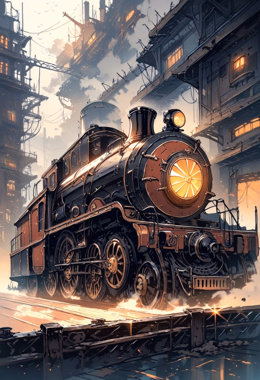 Steam Locomotive At Dusk — view 4 — restored vintage steam locomotive, resting on old rusted rails, faint plumes of steam drifting into evening air, dusky o