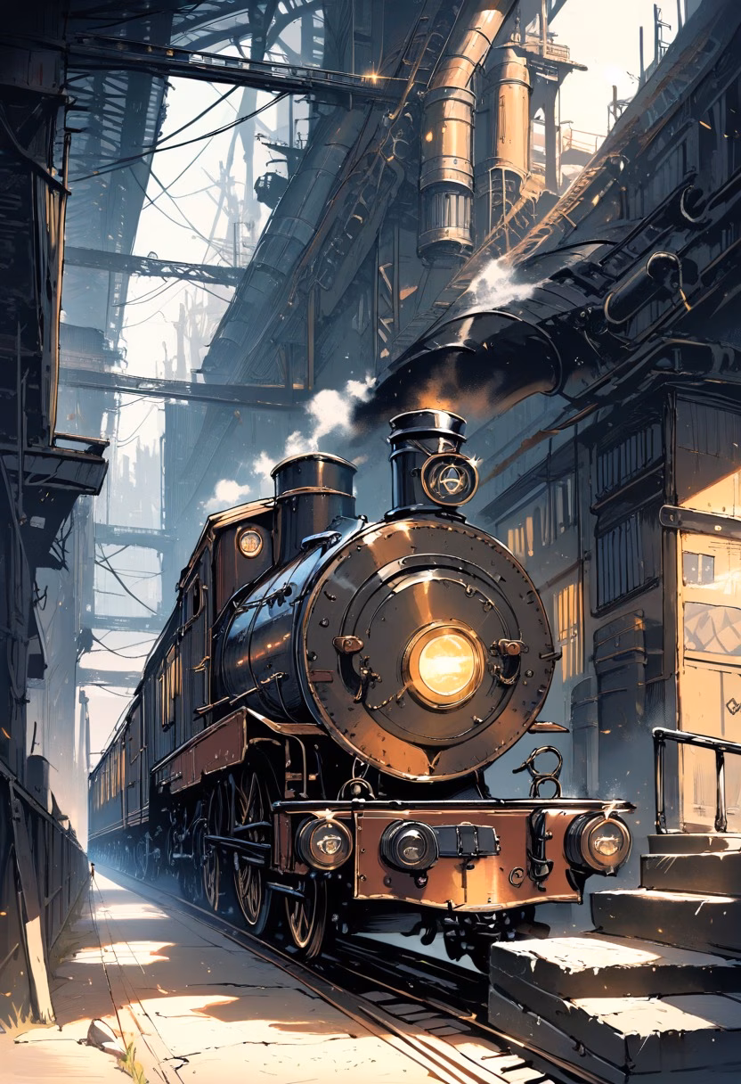 Steam Locomotive At Dusk — view 5 — restored vintage steam locomotive, resting on old rusted rails, faint plumes of steam drifting into evening air, dusky o