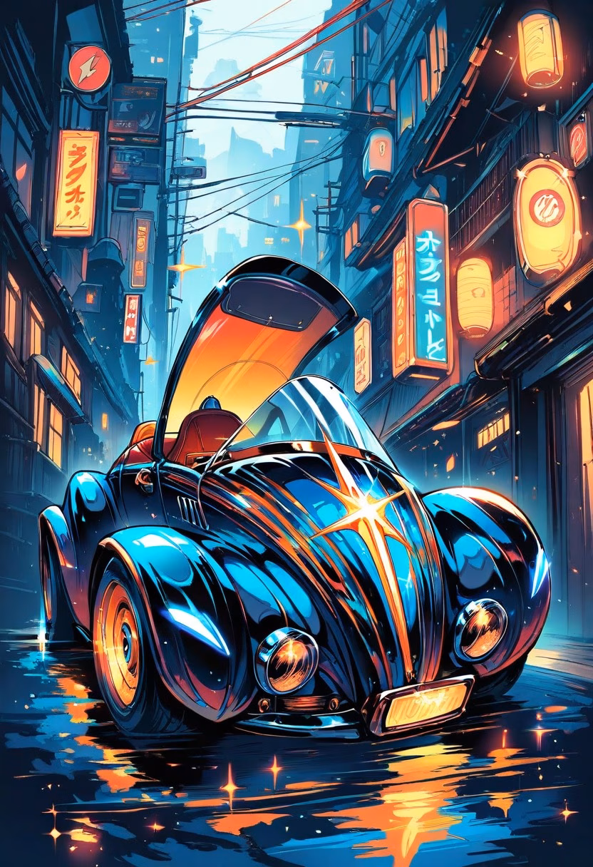 Hot Rod At Night — view 1 — gleaming vintage hot rod, parked along a quiet neon-lit street, faint reflections glowing across its polished hood, soft