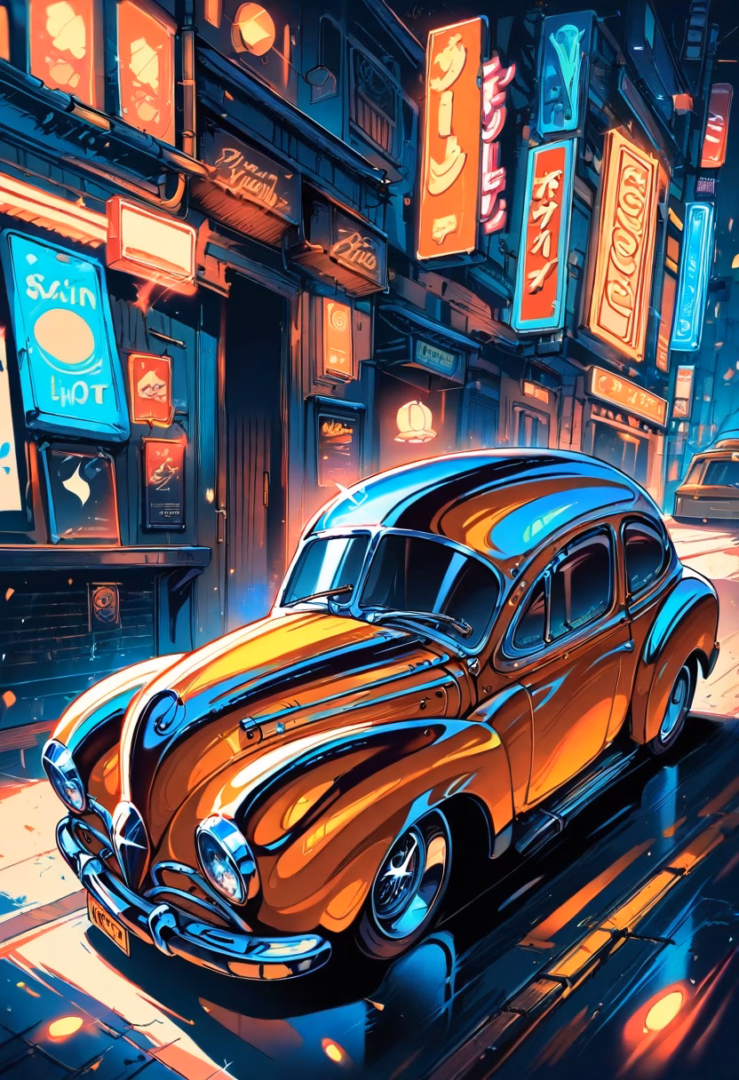Hot Rod At Night — view 2 — gleaming vintage hot rod, parked along a quiet neon-lit street, faint reflections glowing across its polished hood, soft