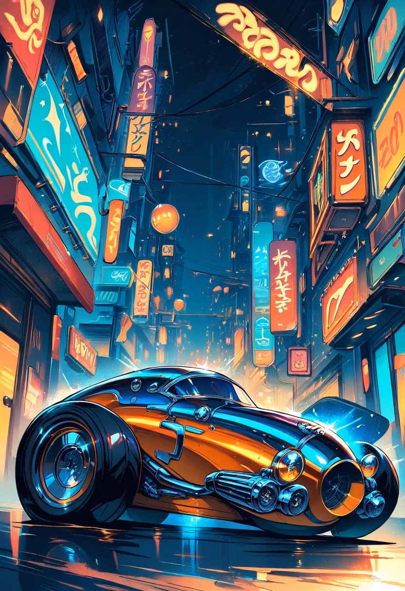 Hot Rod At Night — view 3 — gleaming vintage hot rod, parked along a quiet neon-lit street, faint reflections glowing across its polished hood, soft