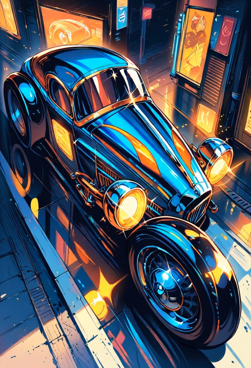 Hot Rod At Night — view 4 — gleaming vintage hot rod, parked along a quiet neon-lit street, faint reflections glowing across its polished hood, soft
