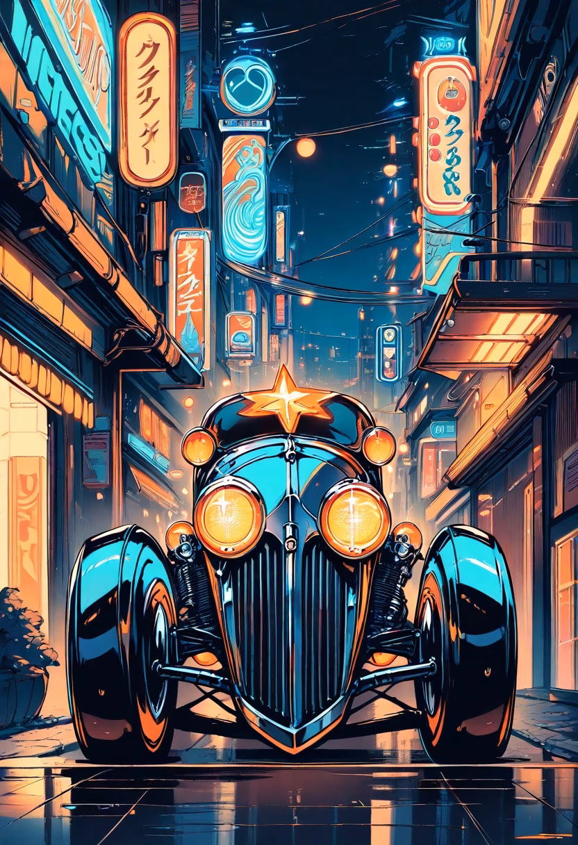 Hot Rod At Night — view 5 — gleaming vintage hot rod, parked along a quiet neon-lit street, faint reflections glowing across its polished hood, soft