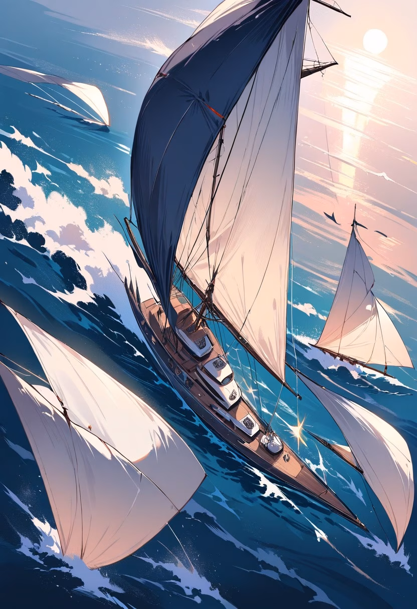 Sailing Yacht At Dawn — view 1 — elegant sailing yacht, gliding across calm dawn-lit open water, faint mist hovering low above the waves, soft dawn light
