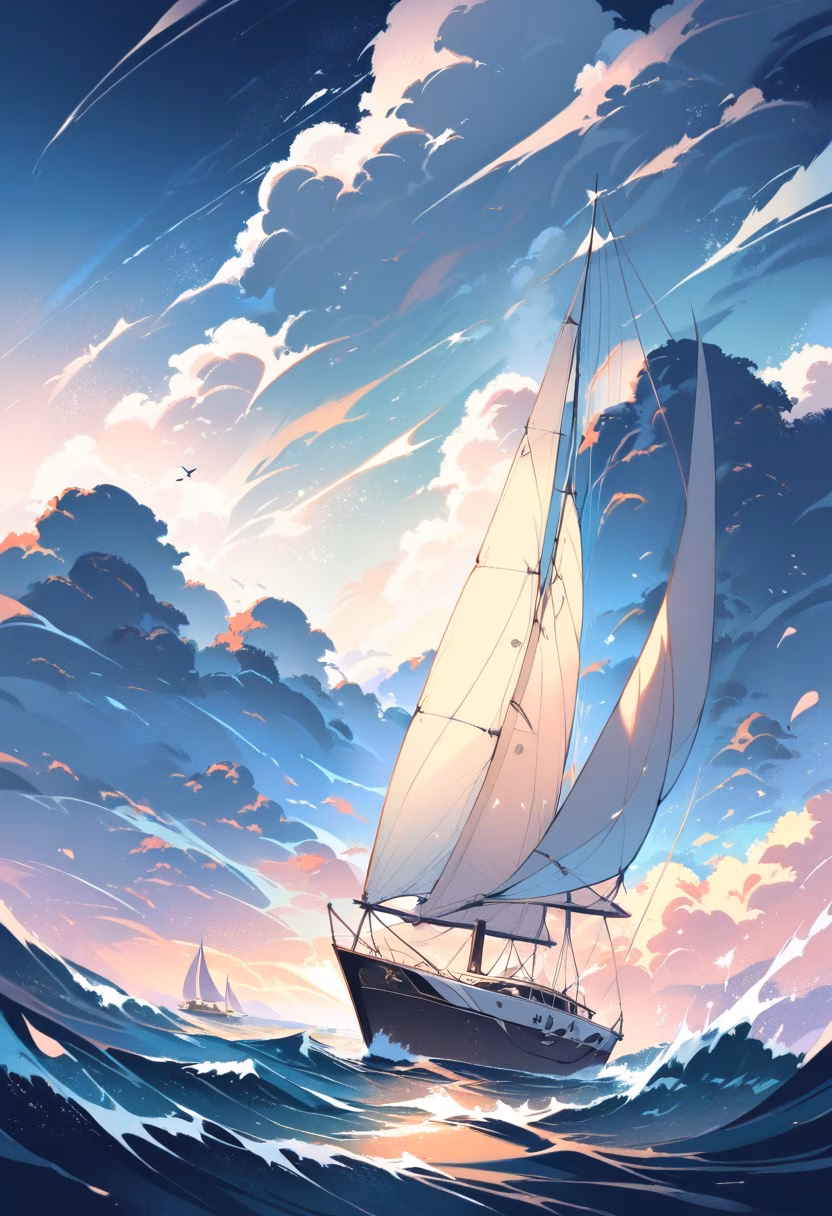 Sailing Yacht At Dawn — view 2 — elegant sailing yacht, gliding across calm dawn-lit open water, faint mist hovering low above the waves, soft dawn light