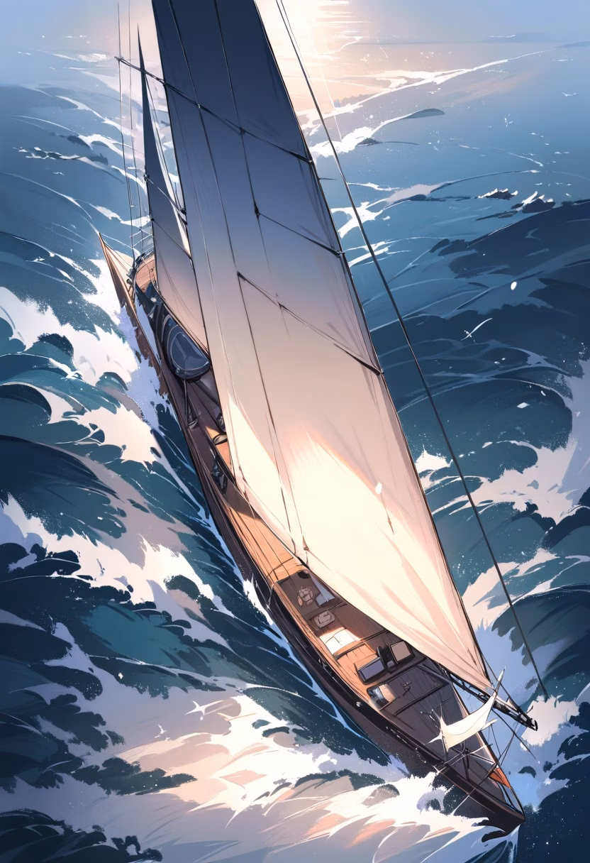Sailing Yacht At Dawn — view 3 — elegant sailing yacht, gliding across calm dawn-lit open water, faint mist hovering low above the waves, soft dawn light