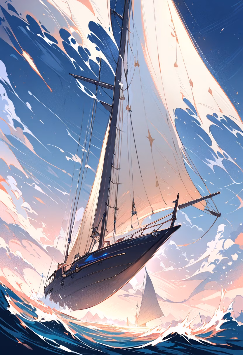 Sailing Yacht At Dawn — view 4 — elegant sailing yacht, gliding across calm dawn-lit open water, faint mist hovering low above the waves, soft dawn light
