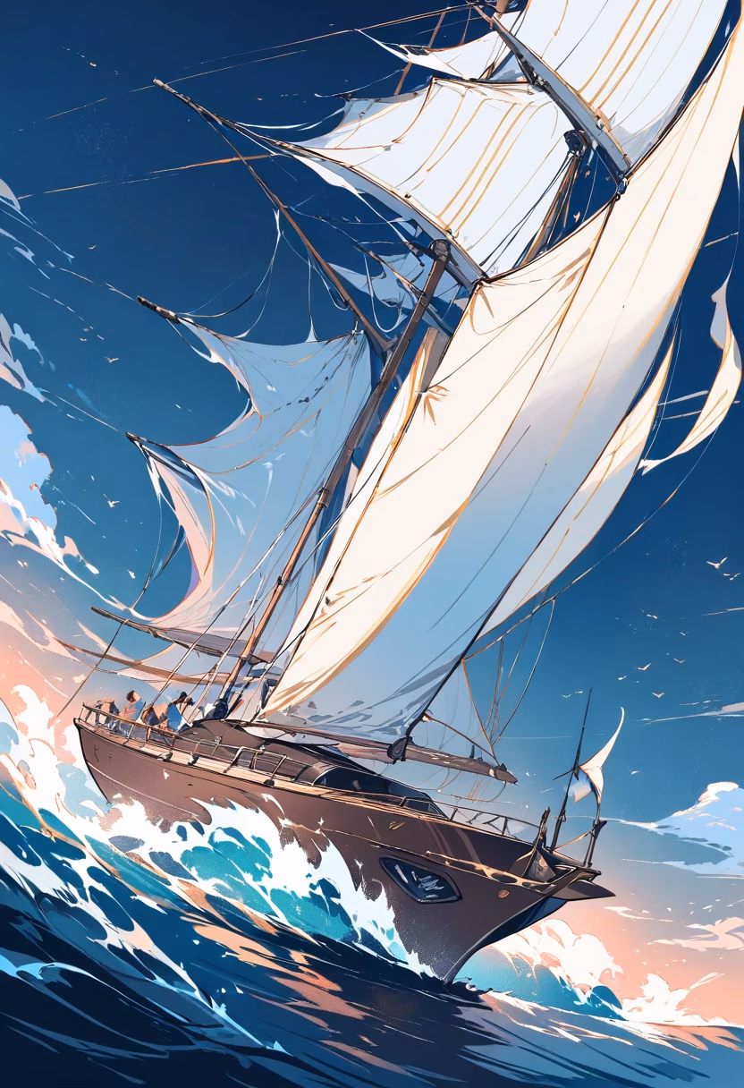 Sailing Yacht At Dawn — view 5 — elegant sailing yacht, gliding across calm dawn-lit open water, faint mist hovering low above the waves, soft dawn light