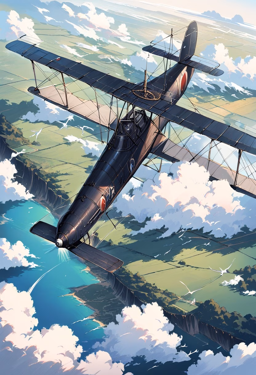 Biplane Over Farmland — view 1 — classic biplane aircraft, soaring above a patchwork farmland landscape, scattered clouds drifting across a clear sky, br