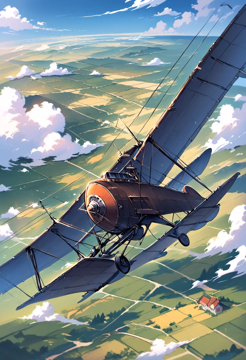 Biplane Over Farmland — view 2 — classic biplane aircraft, soaring above a patchwork farmland landscape, scattered clouds drifting across a clear sky, br