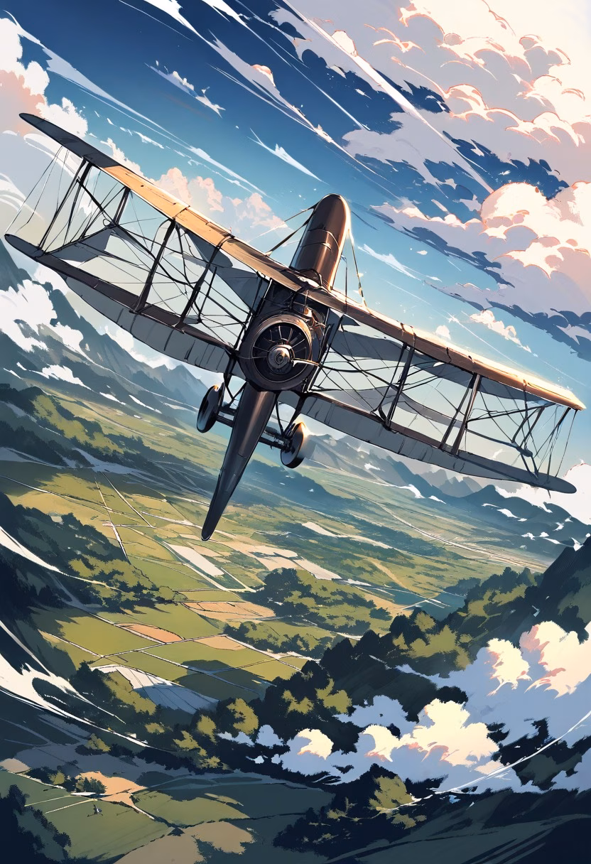 Biplane Over Farmland — view 3 — classic biplane aircraft, soaring above a patchwork farmland landscape, scattered clouds drifting across a clear sky, br