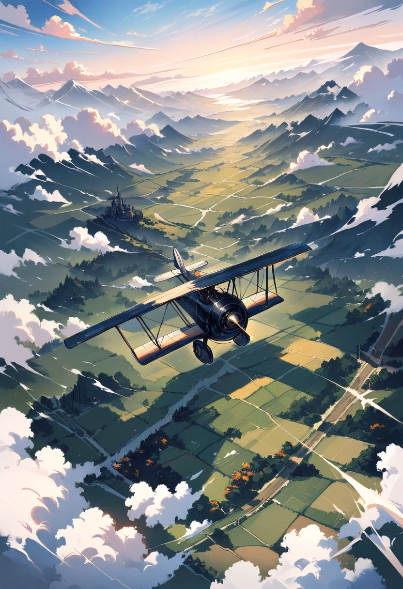 Biplane Over Farmland — view 4 — classic biplane aircraft, soaring above a patchwork farmland landscape, scattered clouds drifting across a clear sky, br