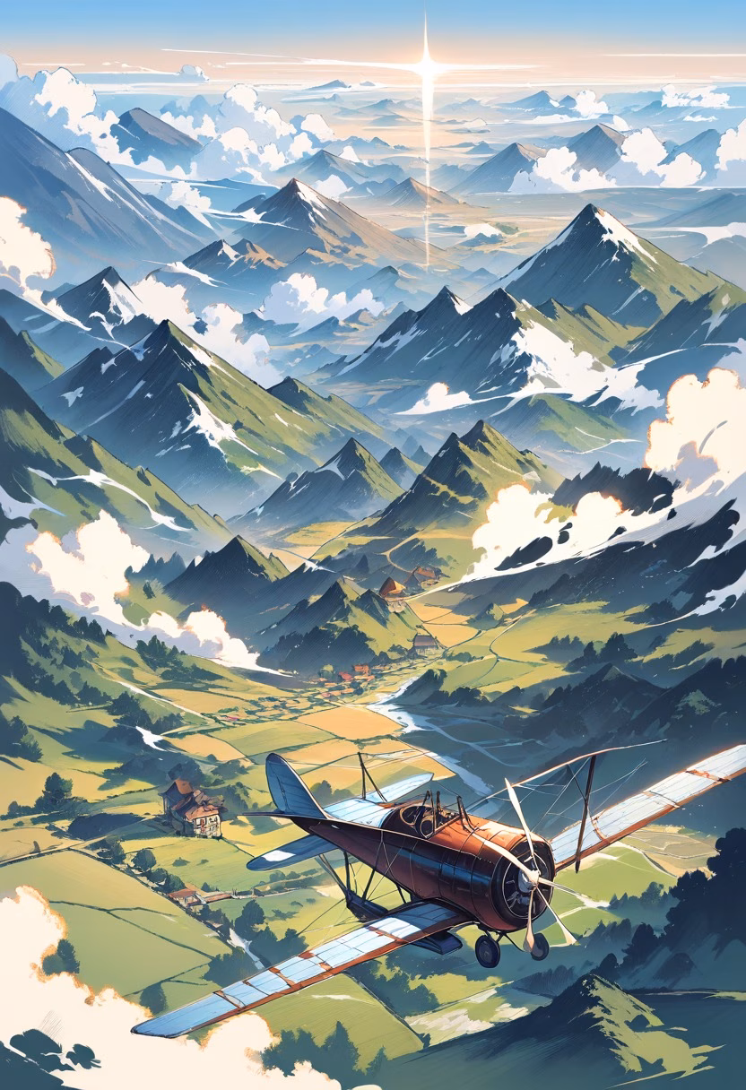 Biplane Over Farmland — view 5 — classic biplane aircraft, soaring above a patchwork farmland landscape, scattered clouds drifting across a clear sky, br