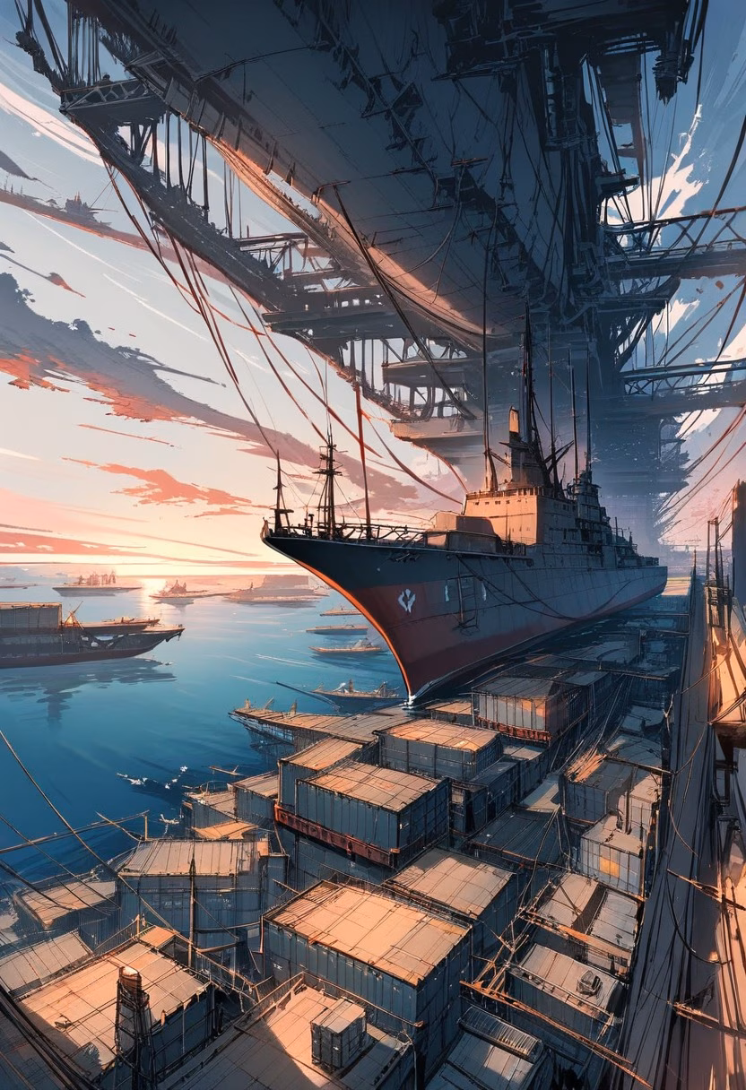 Cargo Ship At Sunset — view 2 — massive cargo ship, sailing across a busy shipping channel, faint container stacks glinting under warm light, golden hou