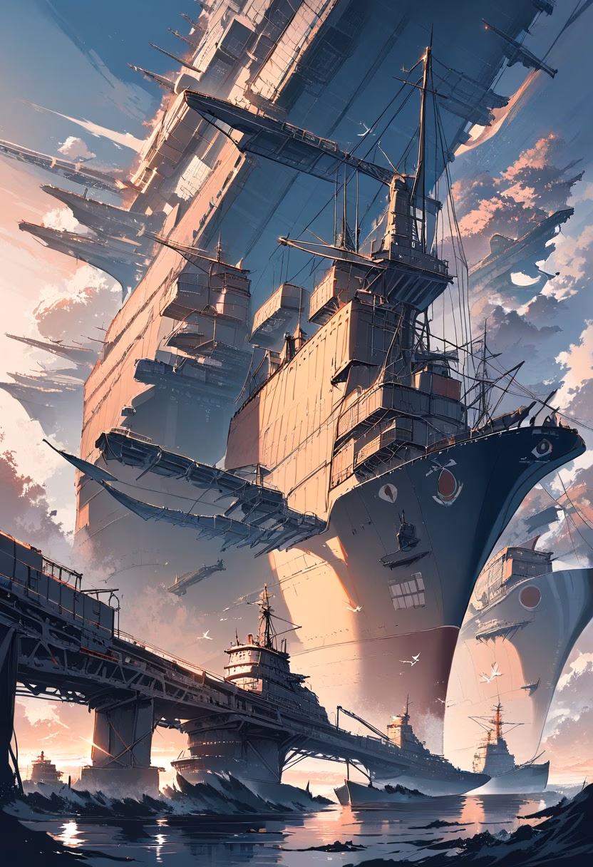 Cargo Ship At Sunset — view 3 — massive cargo ship, sailing across a busy shipping channel, faint container stacks glinting under warm light, golden hou