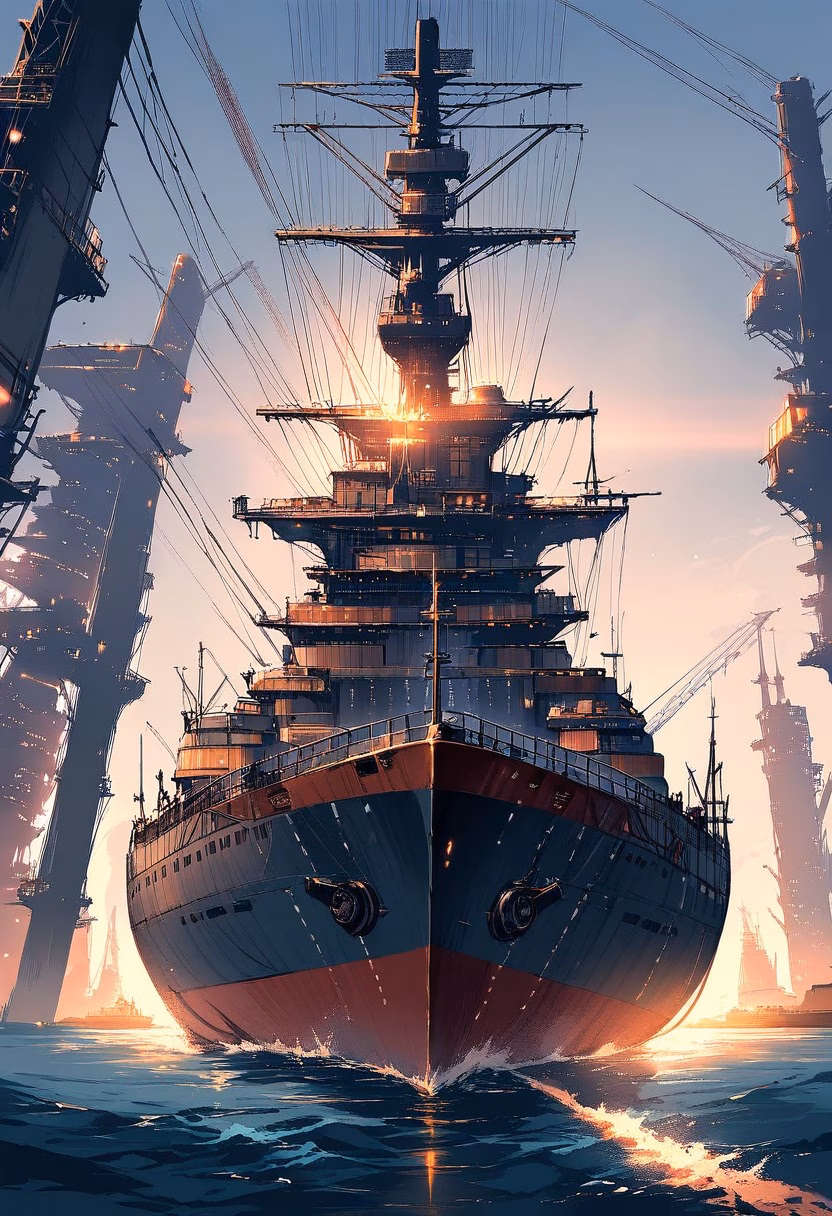 Cargo Ship At Sunset — view 4 — massive cargo ship, sailing across a busy shipping channel, faint container stacks glinting under warm light, golden hou