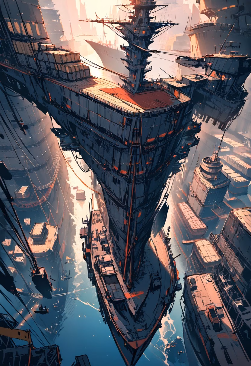 Cargo Ship At Sunset — view 5 — massive cargo ship, sailing across a busy shipping channel, faint container stacks glinting under warm light, golden hou